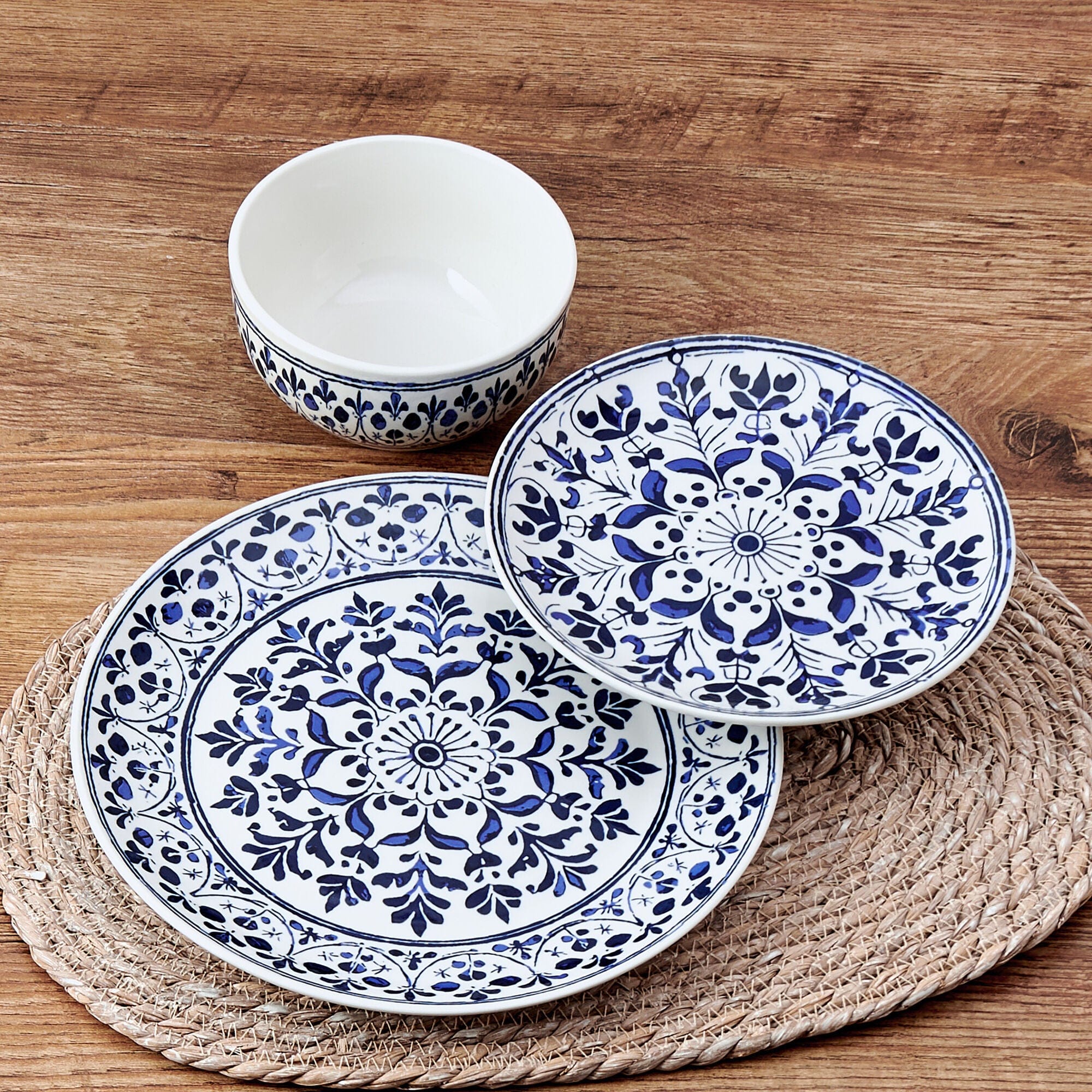 Set of modern floral dinner plates arranged for dinner setting
