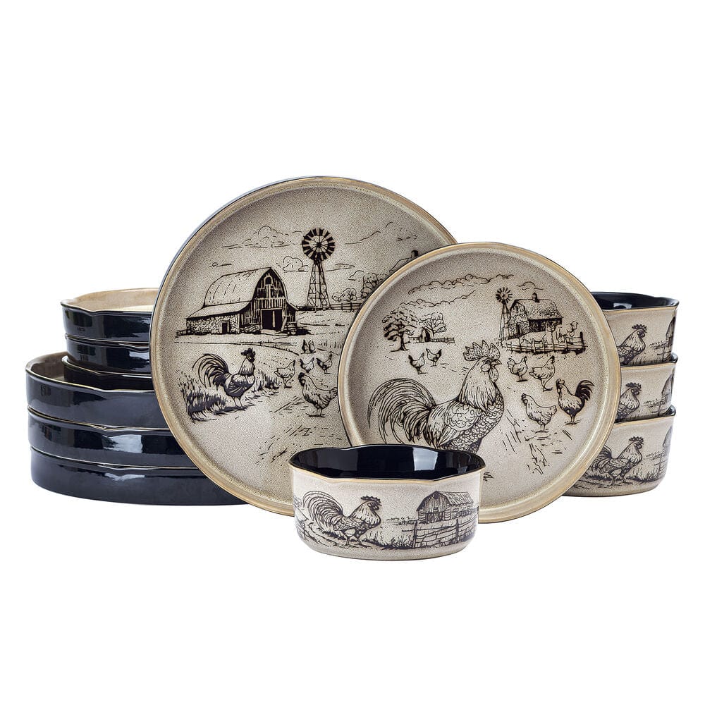 Table setting with the Rustic Rooster dinnerware set, ideal for family gatherings.