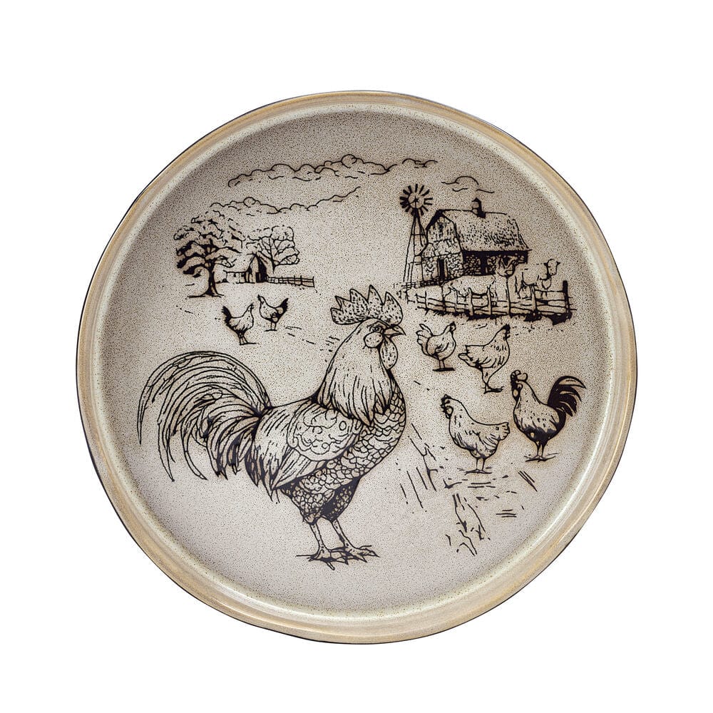 Table setting with the Rustic Rooster dinnerware set, ideal for family gatherings.
