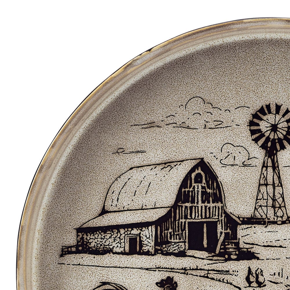 Rustic Rooster dinnerware pieces arranged on a wooden table, highlighting their earthy tones.