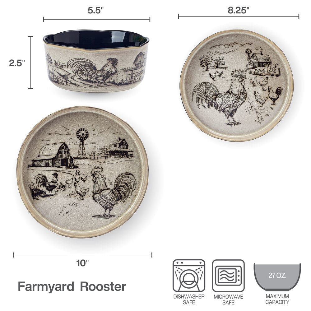 Close-up of the Rustic Rooster dinnerware set displaying intricate barn and rooster designs.