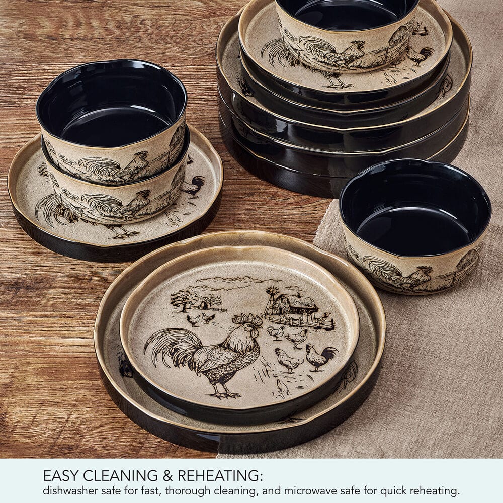 Table setting with the Rustic Rooster dinnerware set, ideal for family gatherings.