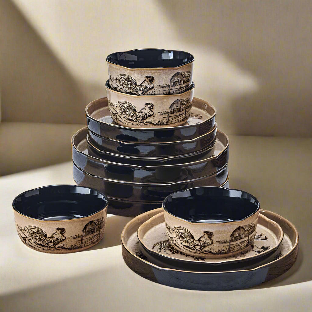 Close-up of the Rustic Rooster dinnerware set displaying intricate barn and rooster designs.