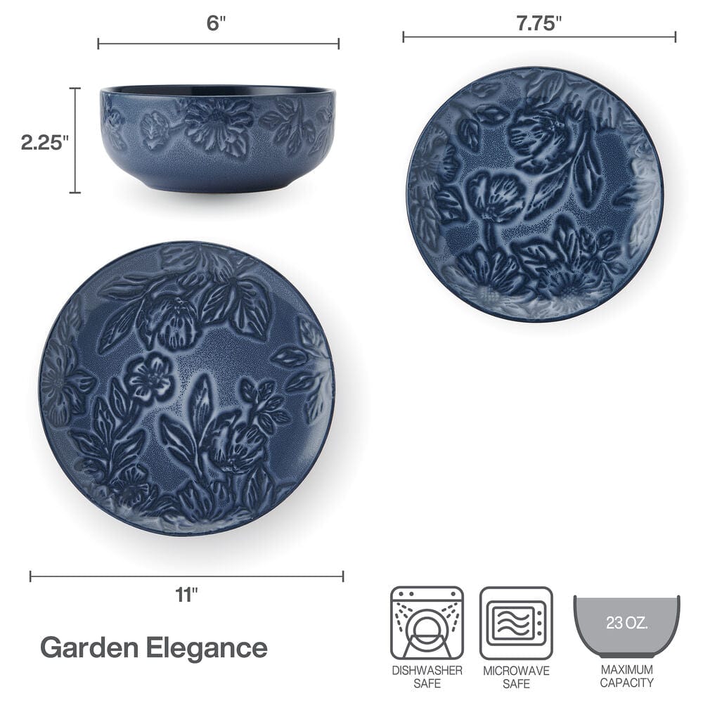 Close-up of blue floral dinnerware set for 4 on a dining table