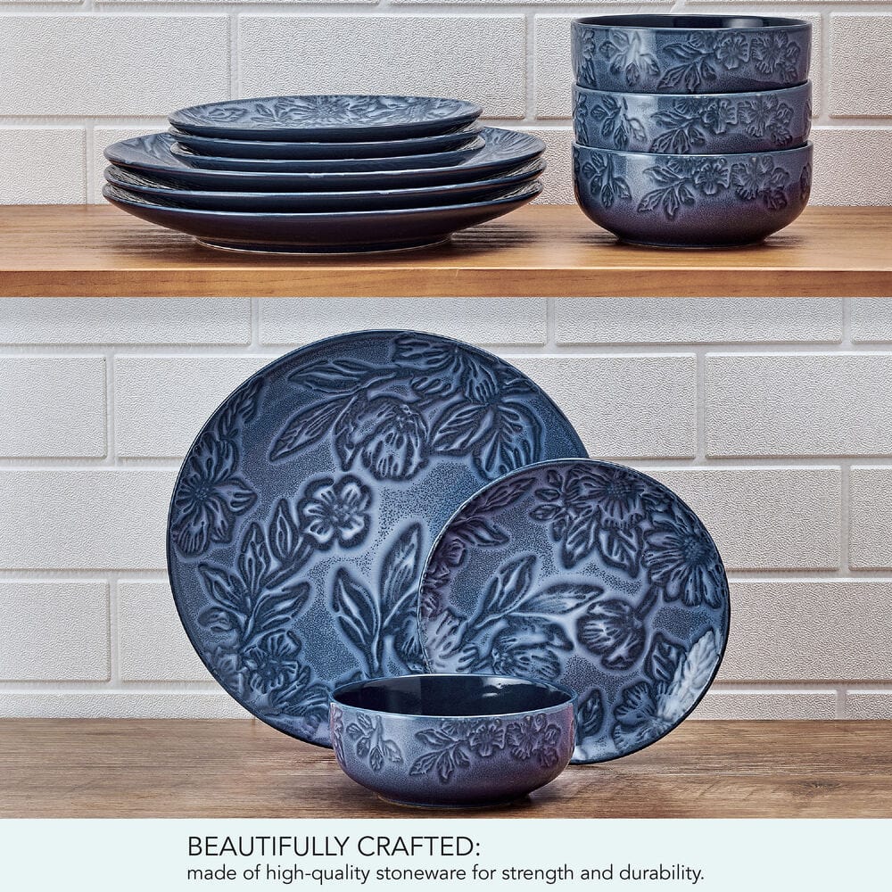 Stacked floral dinnerware for display, showcasing durability and design