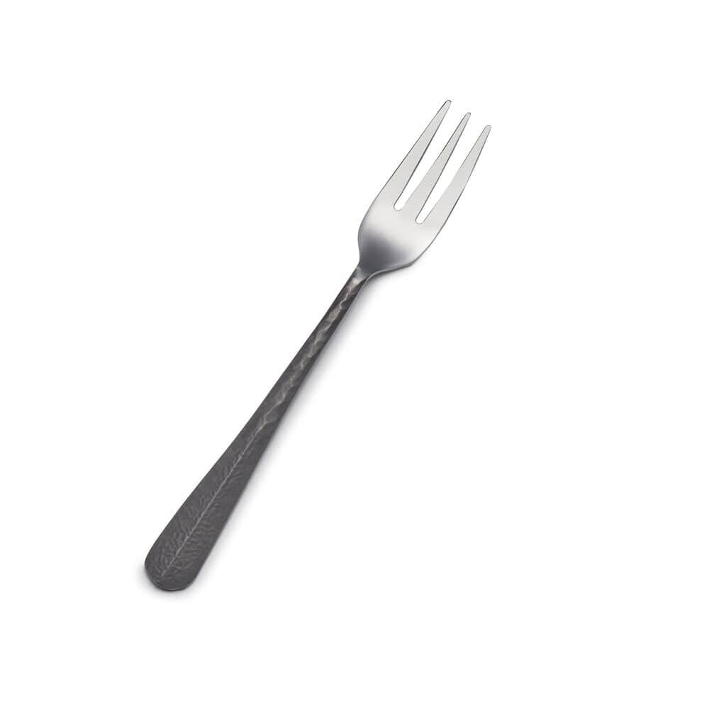 Set of four black appetizer forks with hammered texture, ideal for catering and parties