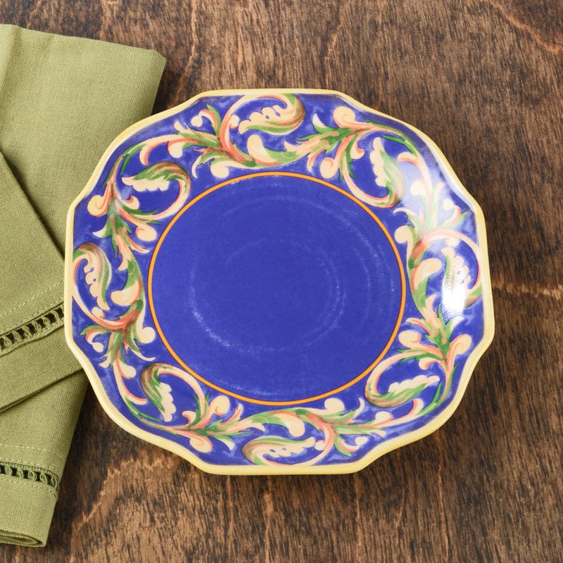 Blue stoneware salad plate with intricate design for stylish dining