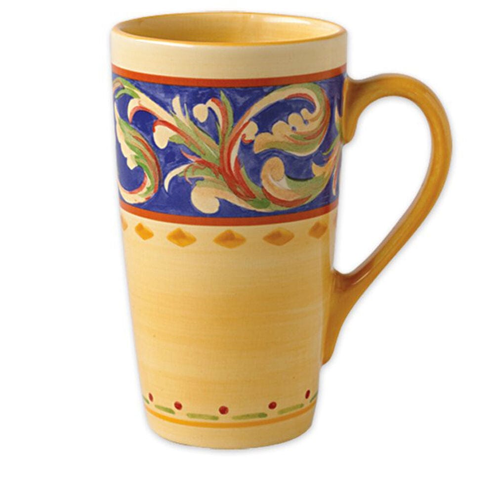 Overhead view of the set of 4 large coffee mugs with latte froth, placed on a rustic wooden table