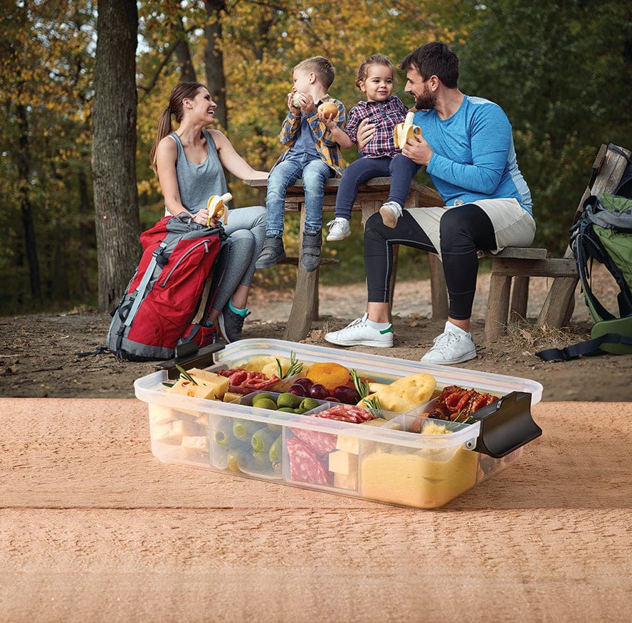 Reversible cutting board lid of Farberware snack box, showcasing its dual functionality.