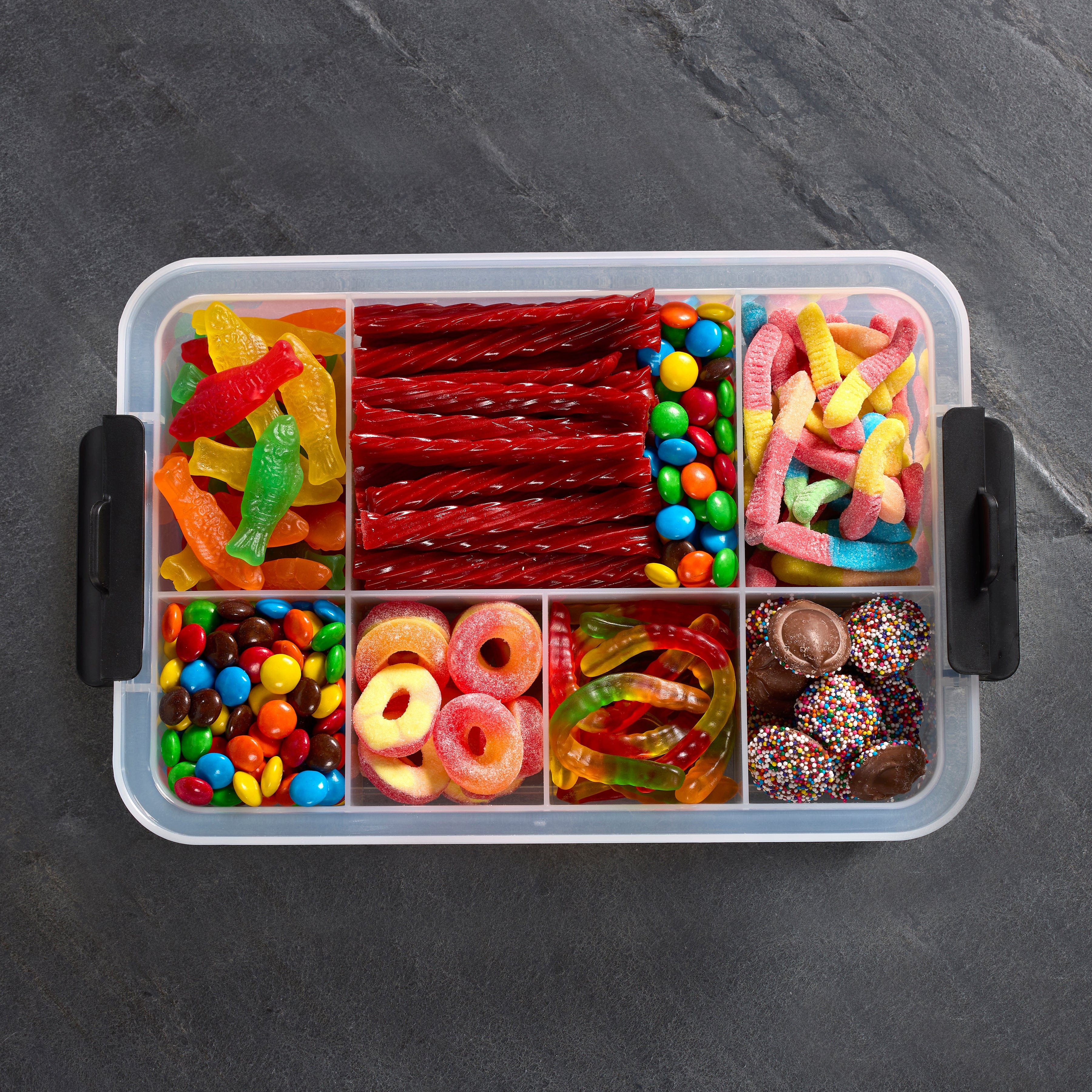 Organized interior of Farberware snack box, filled with various snacks for easy access.