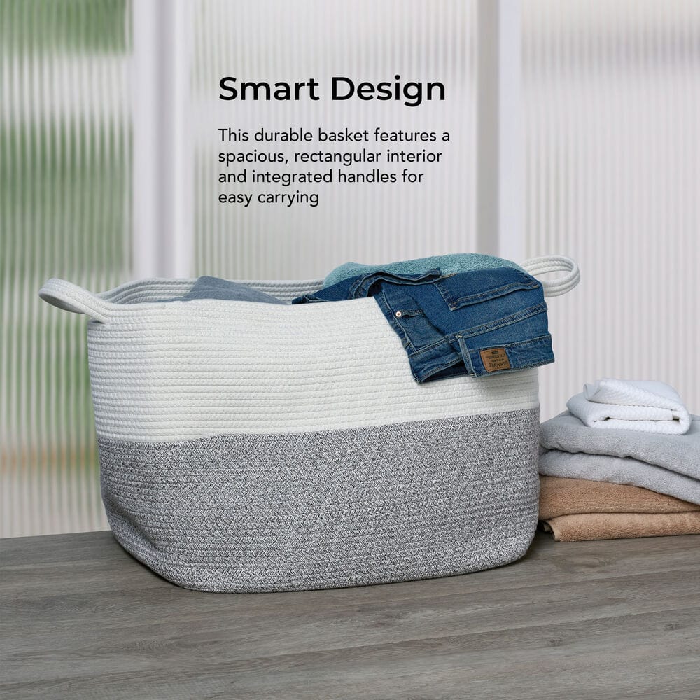 Close-up of woven rope storage basket showing tight weave and handles