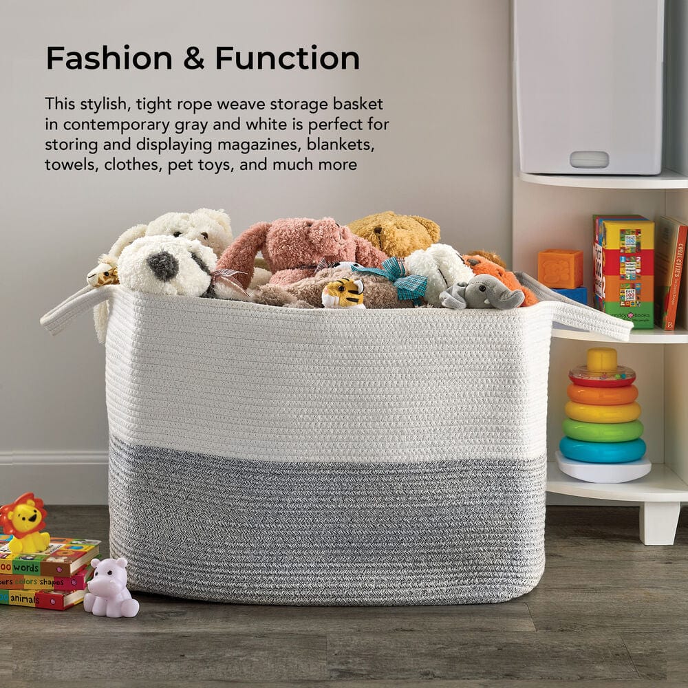 Living room with decorative woven storage basket for blankets and pillows