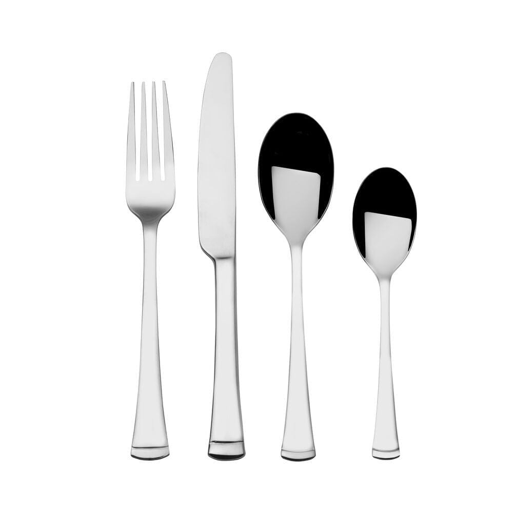 Close-up of the 34-piece stainless steel silverware set, highlighting the modern design.