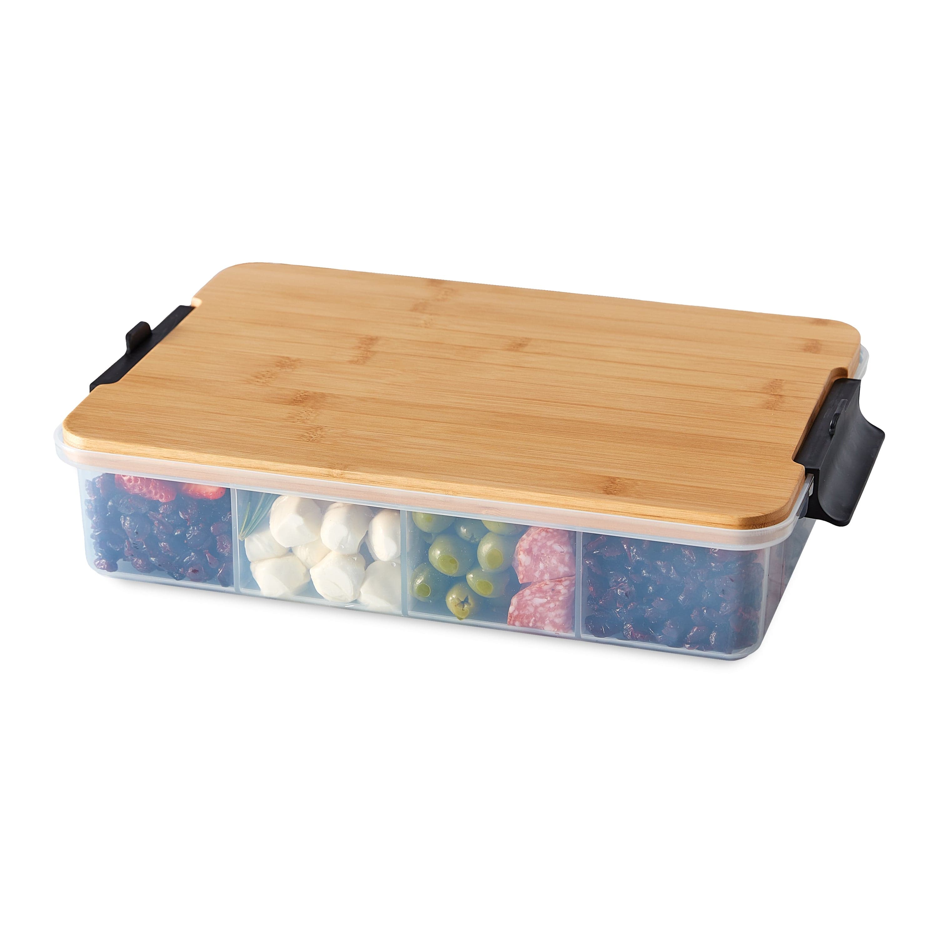 Reversible cutting board lid of Farberware snack box, showcasing its dual functionality.