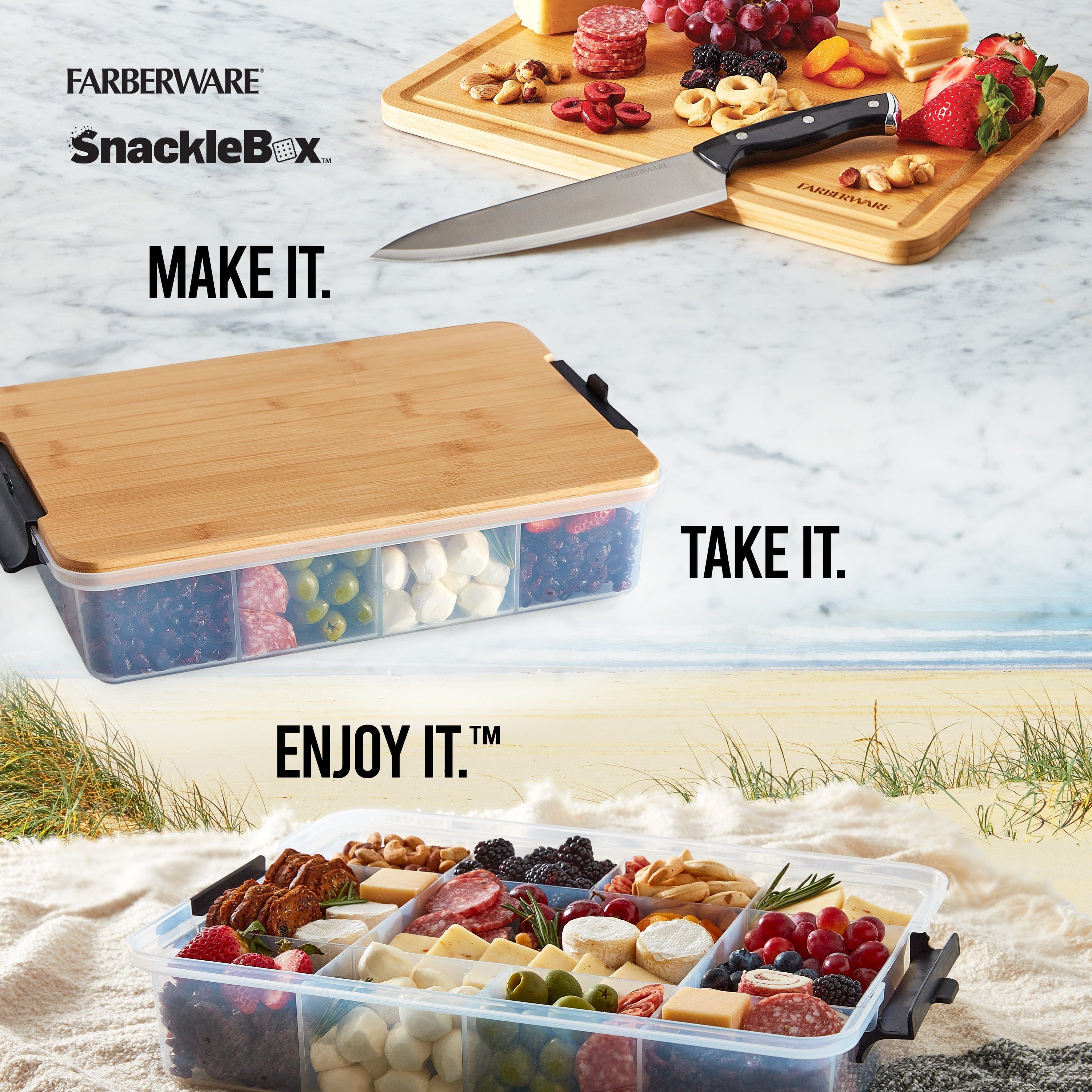 Organized interior of Farberware snack box, filled with various snacks for easy access.