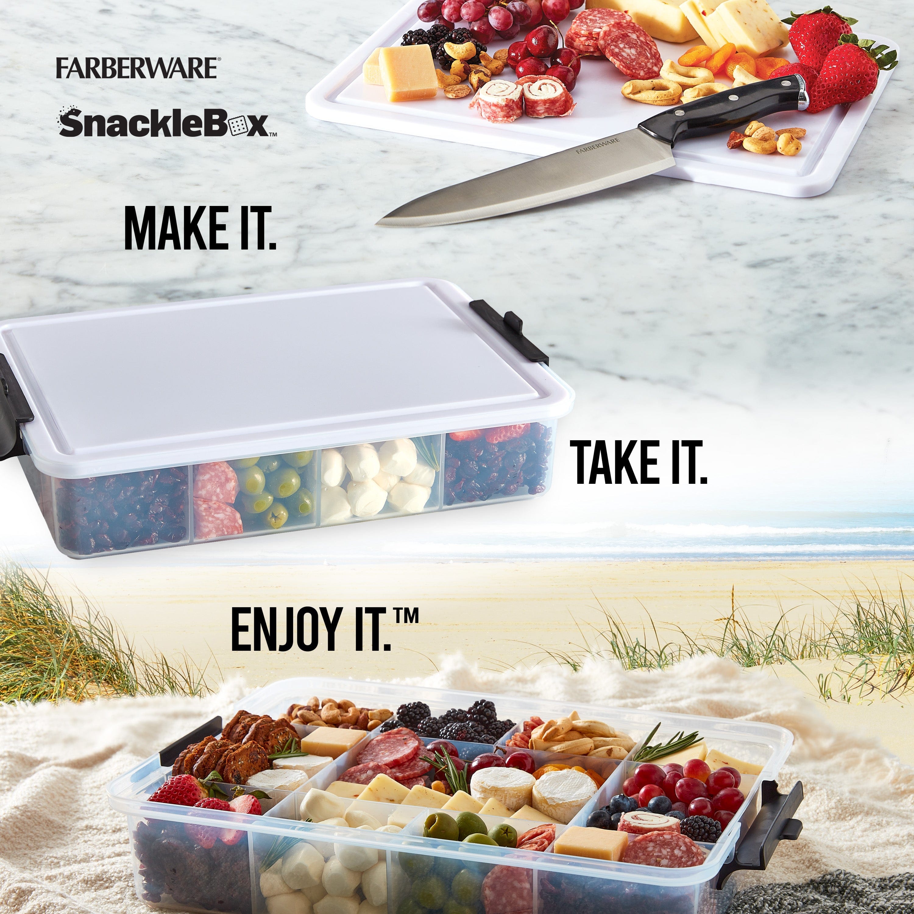 Farberware portable snack box with locking lid, ideal for travel and picnics.