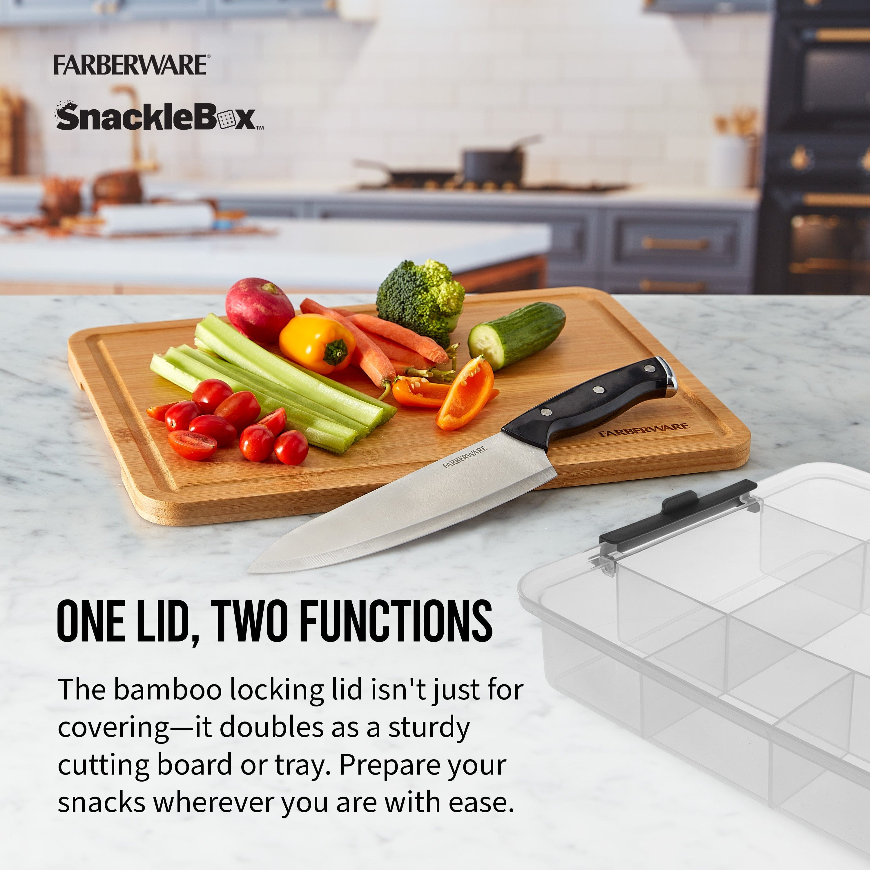 Organized interior of Farberware snack box, filled with various snacks for easy access.