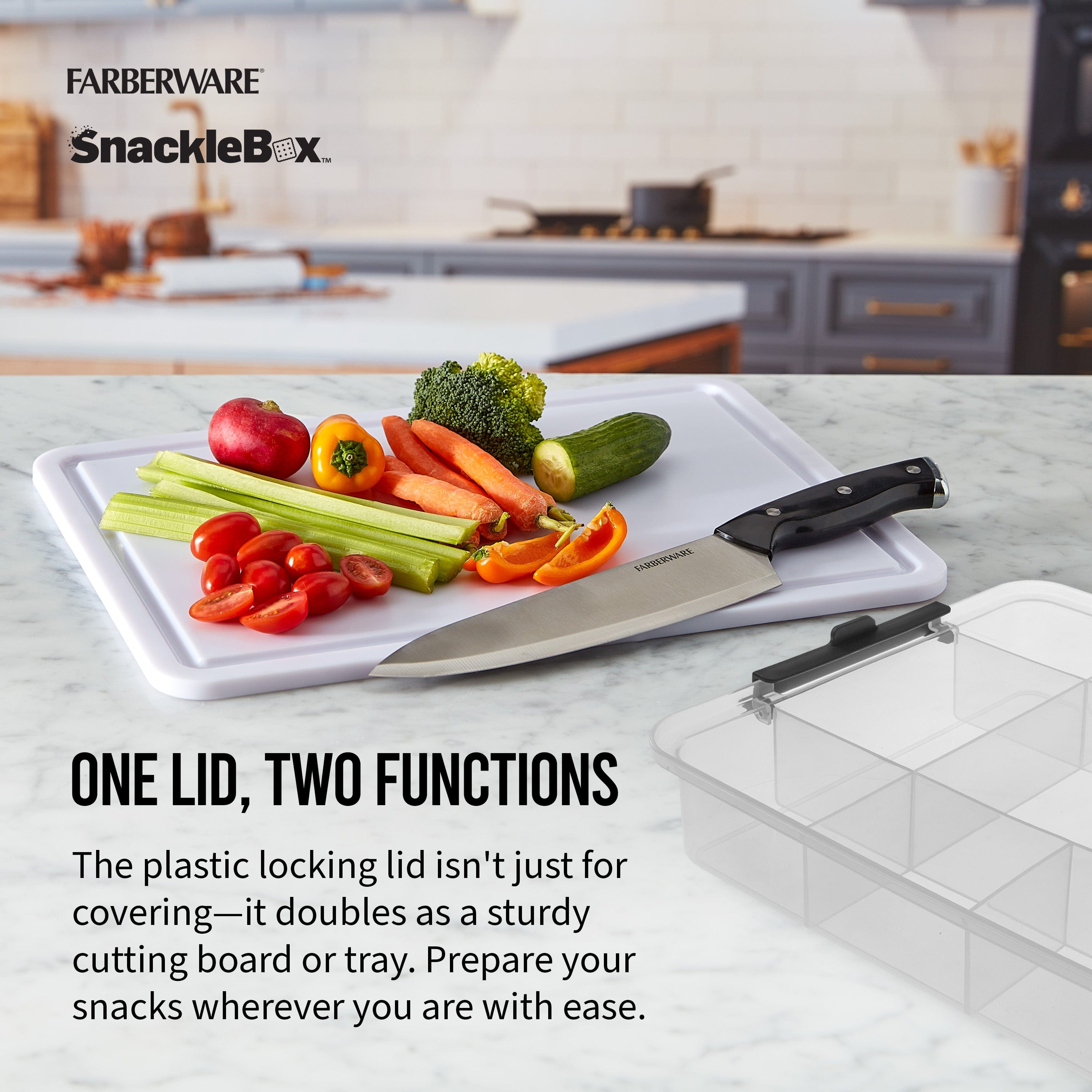 Farberware portable snack box with locking lid, ideal for travel and picnics.