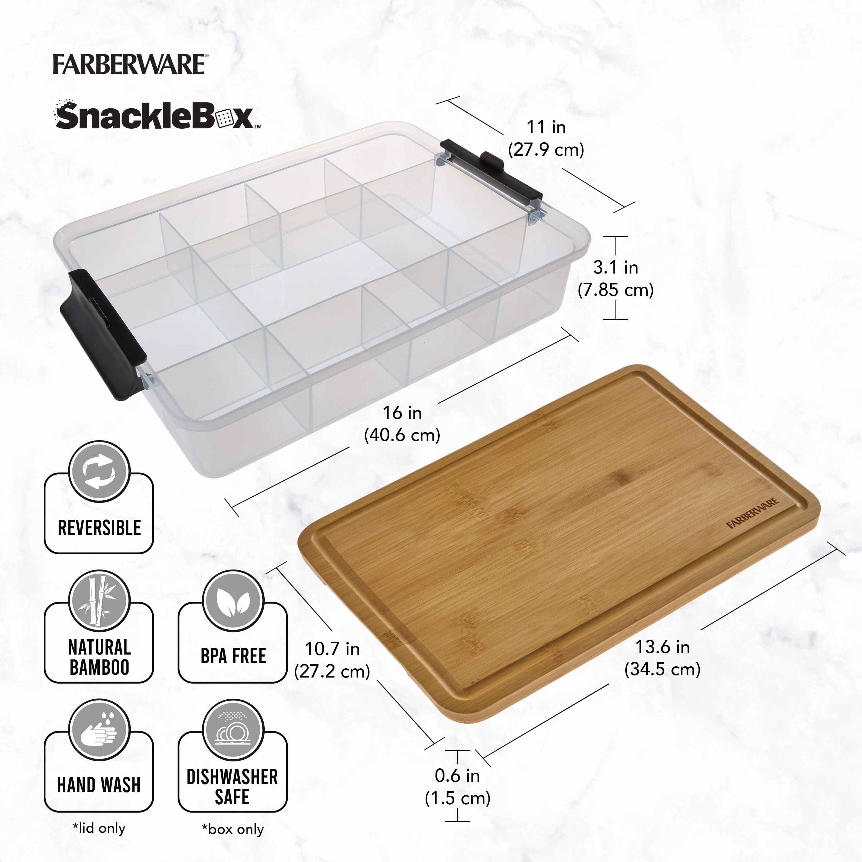 Reversible cutting board lid of Farberware snack box, showcasing its dual functionality.