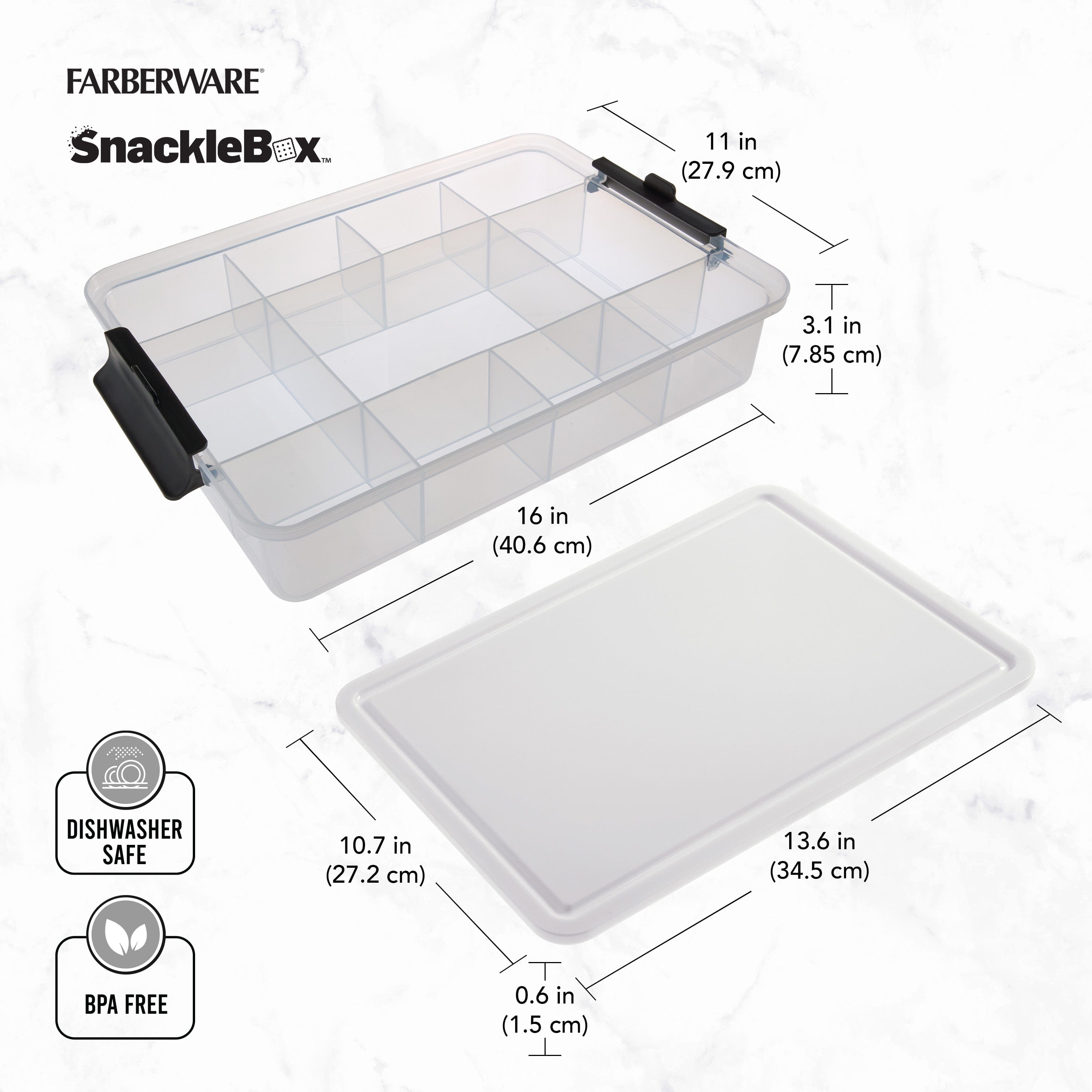 Reversible cutting board lid of Farberware snack box, showcasing its dual functionality.