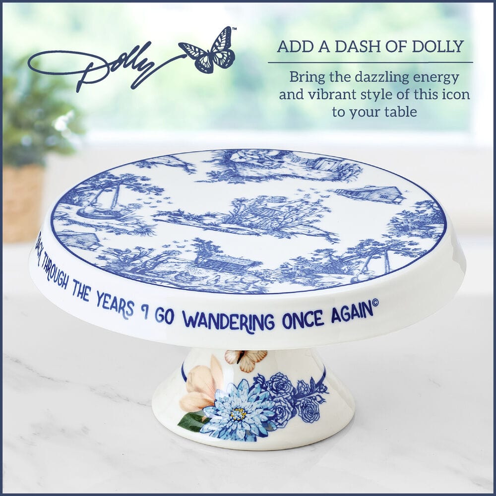 Close-up of the decorative cake plate featuring Dolly Partons lyrics, perfect for showcasing desserts.
