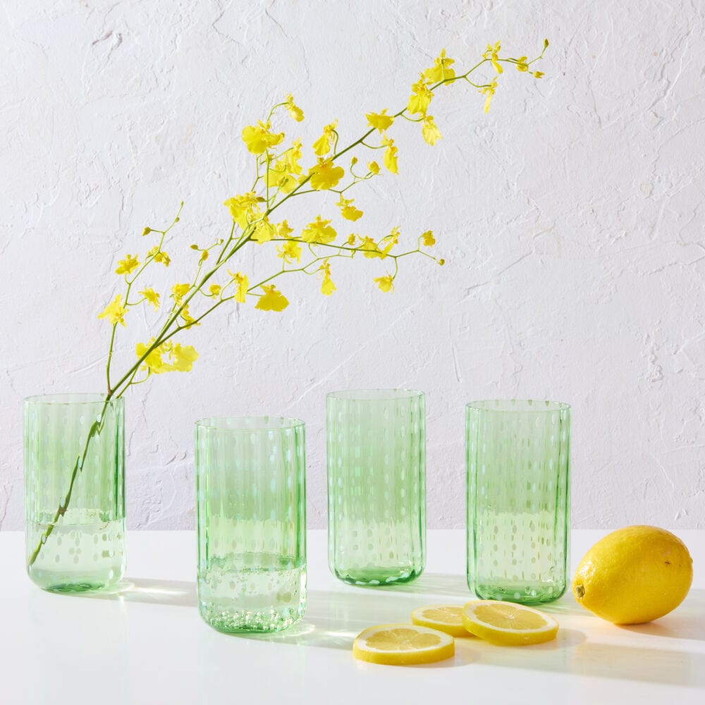 Seafoam green highball glass with dotted design, perfect for parties