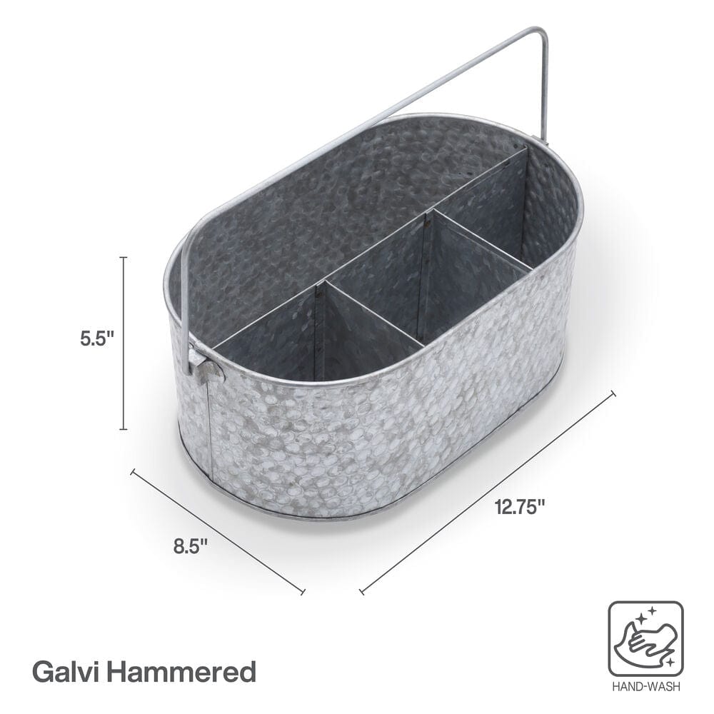 Galvanized metal caddy with utensils and condiments in outdoor setting