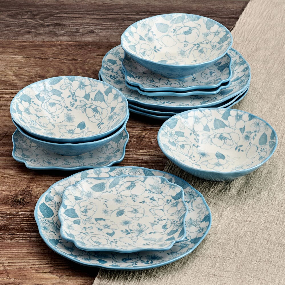 Close-up of floral design on stoneware dinner plate for everyday use