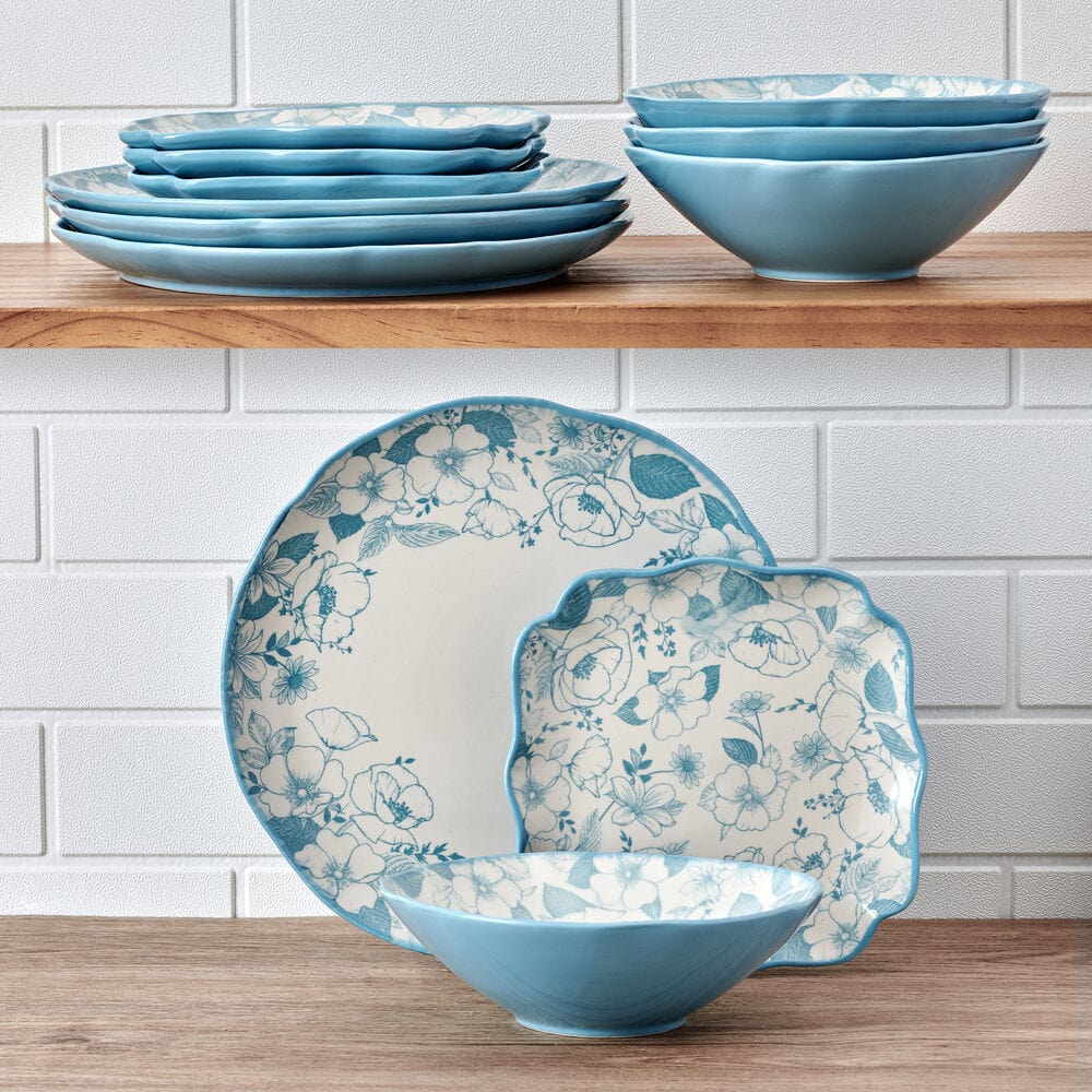 Close-up of floral design on stoneware dinner plate for everyday use
