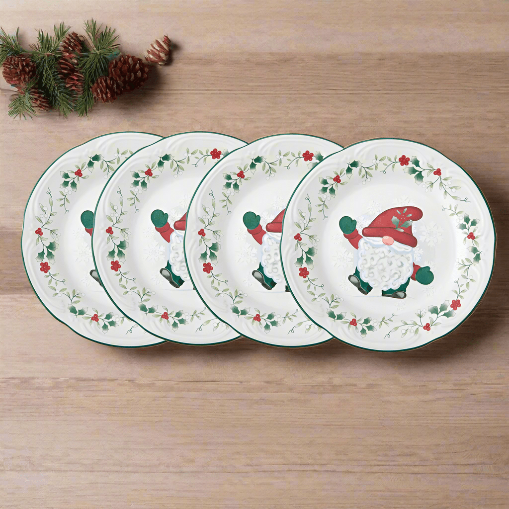 Close-up of Winterberry gnome salad plate with holly berries design