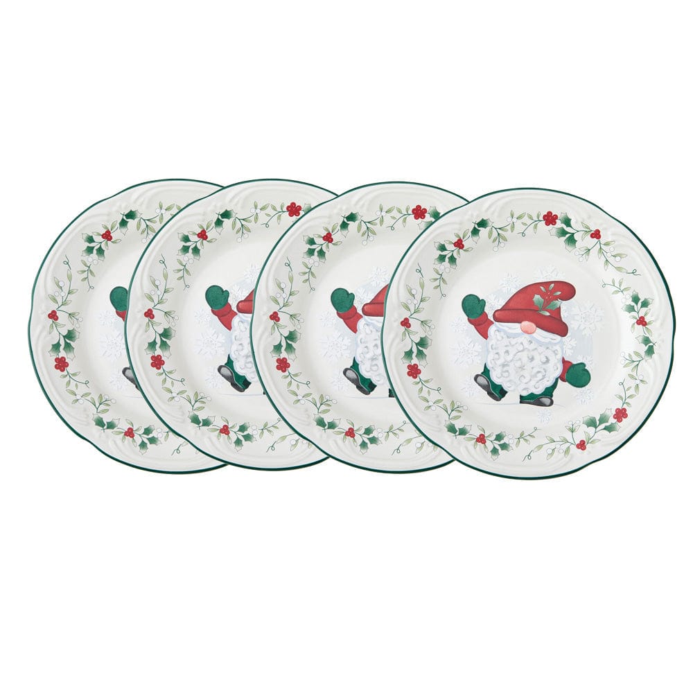 Festive holiday dinner table with Christmas salad plates and gnome dinnerware