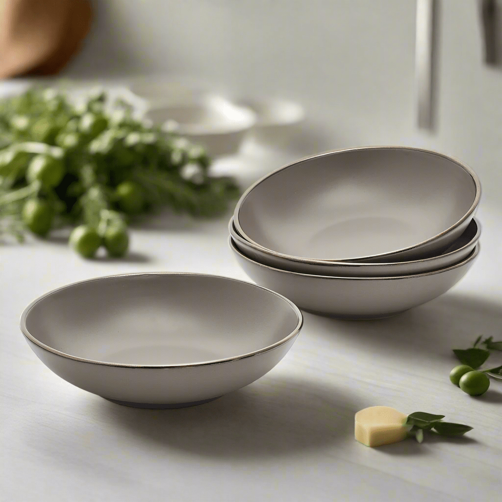 Close-up of Hadlee Grey stoneware pasta bowl showing metallic rim detail