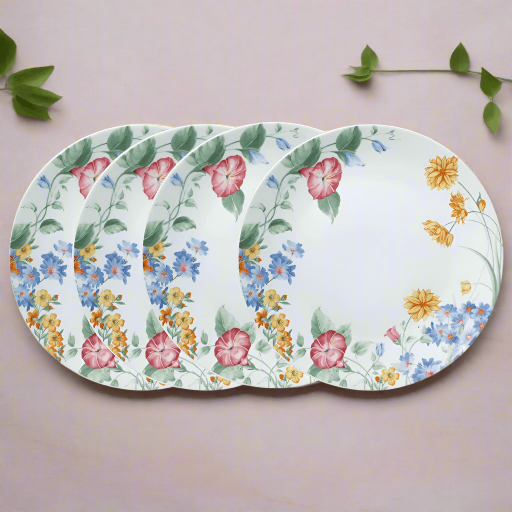 Close-up of porcelain dinner plates with a glossy finish for everyday use