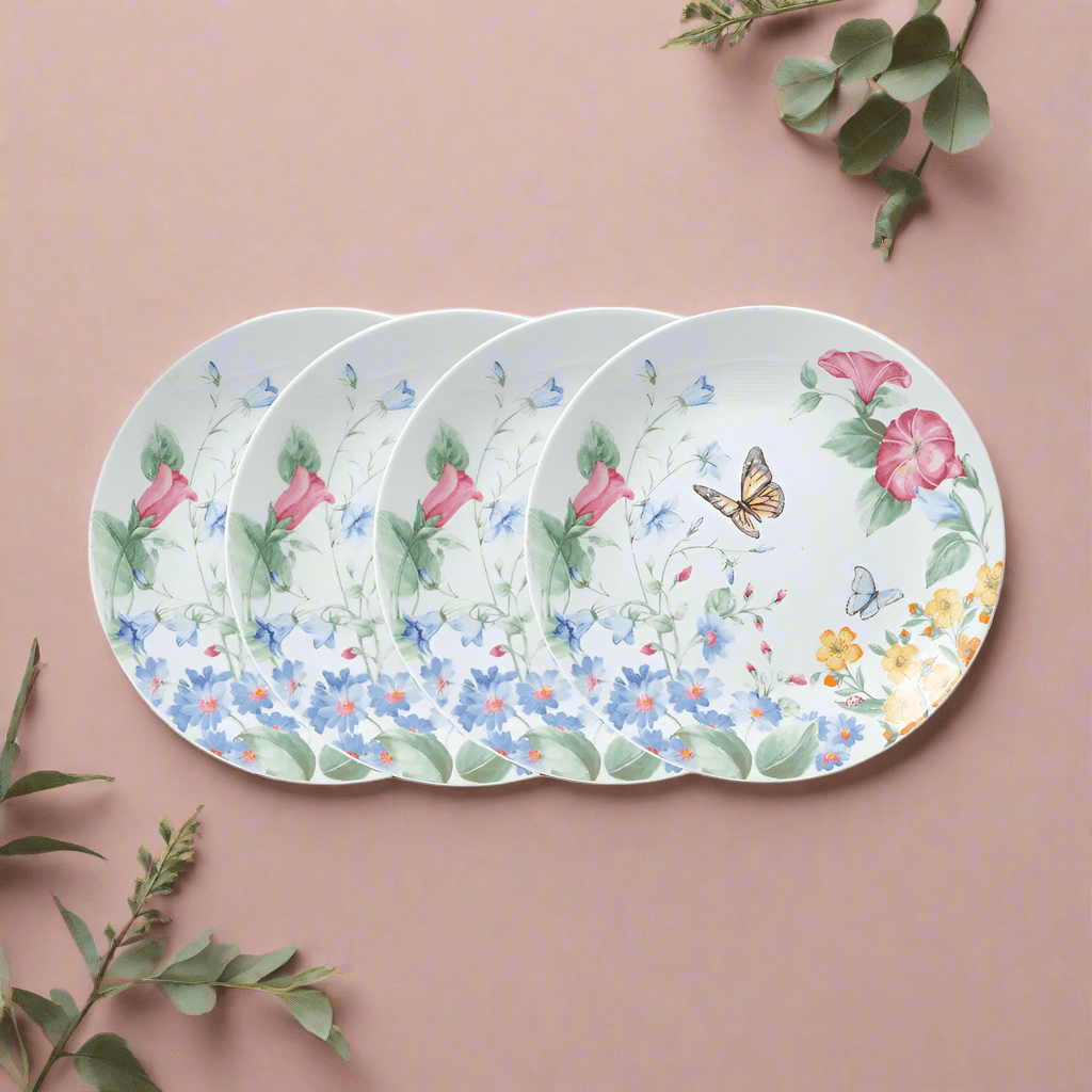 Close-up of porcelain salad plates set of 4 stacked on a dining table