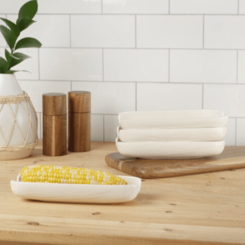 Elegant stoneware corn dishes set of 4 displayed with corn and crackers for serving.
