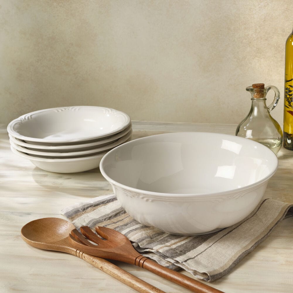 Large stoneware pasta bowl for family dinners with elegant filigree design