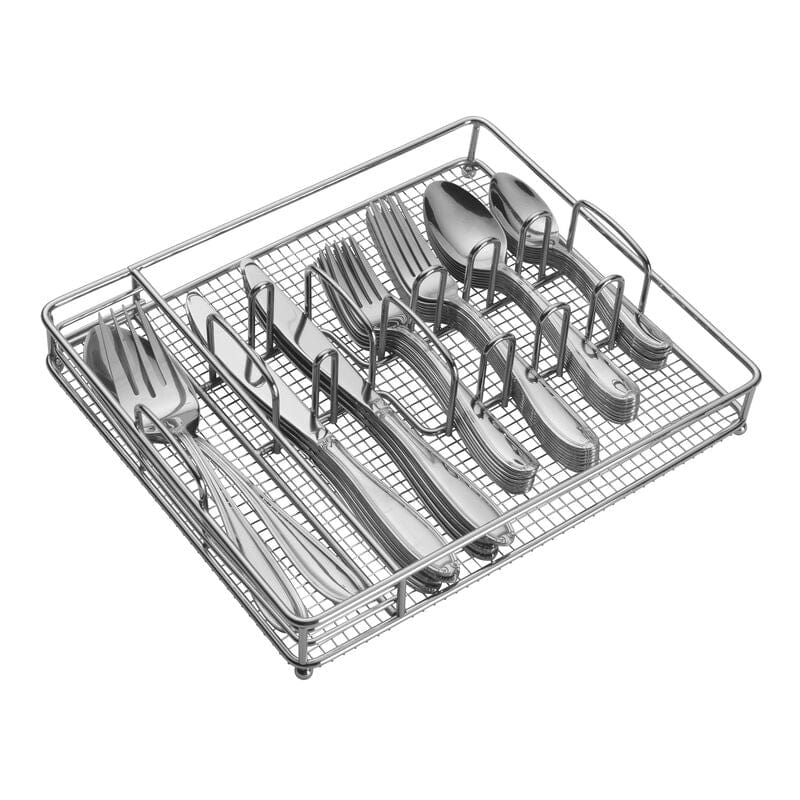 Linden stainless steel flatware set with dinner forks, knives, and spoons on a modern table