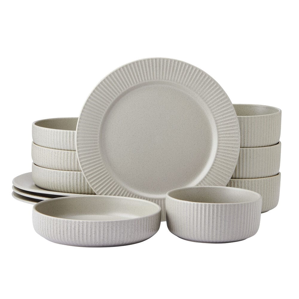 Close-up view of the lightweight durable dinner plates from the Serenity Dinnerware Set.