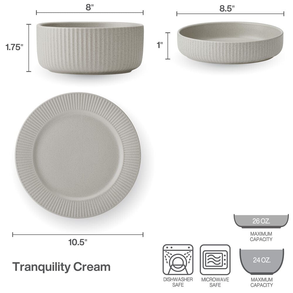 Four bowls from the Serenity 12-Piece Dinnerware Set displayed in a warm cream shade.