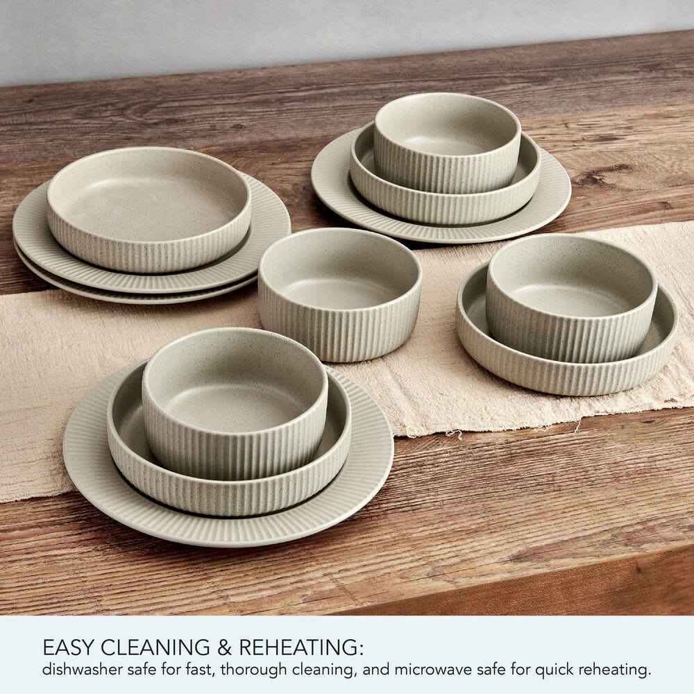 Close-up view of the lightweight durable dinner plates from the Serenity Dinnerware Set.