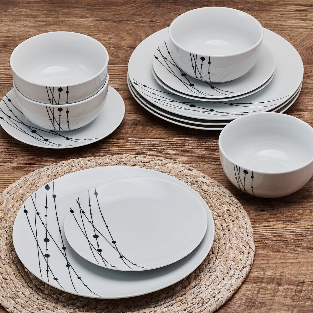 Close-up of the black line and dot design on ceramic dinnerware set