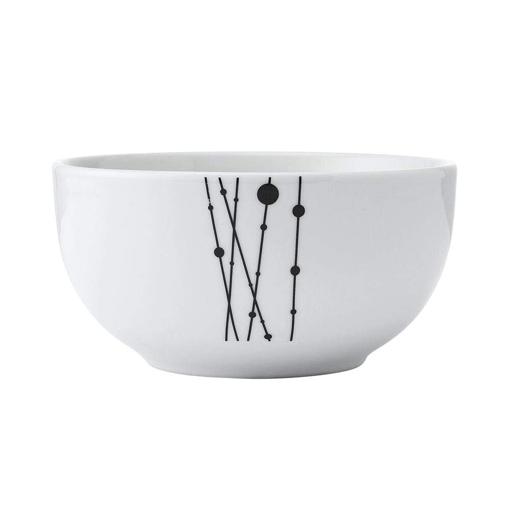 Close-up of the black line and dot design on ceramic dinnerware set