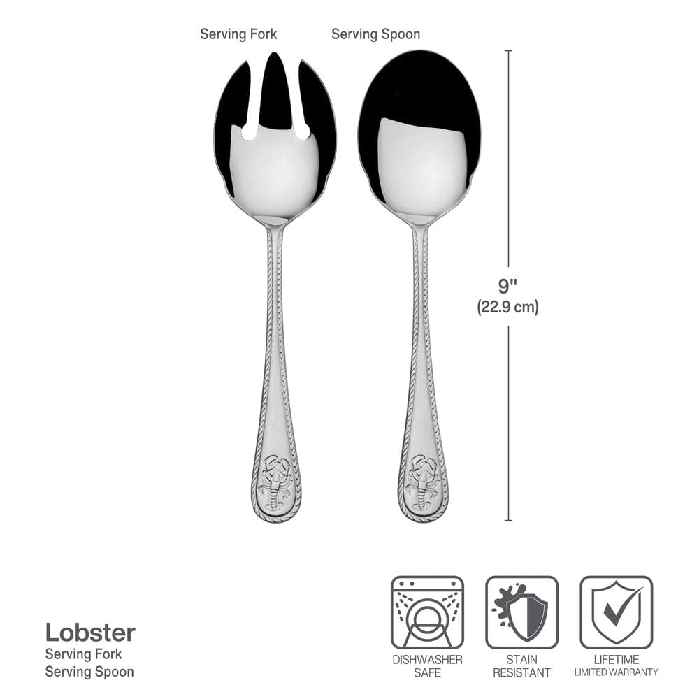 Close-up of stainless steel serving fork and spoon with lobster design