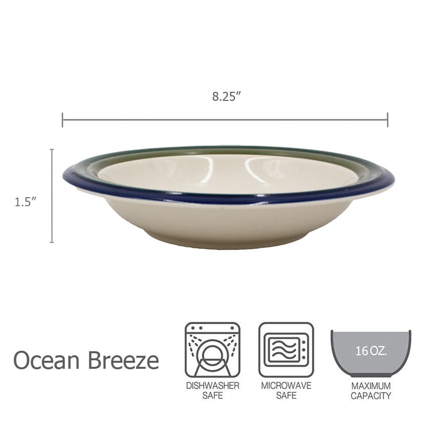 Set of four Ocean Breeze soup bowls stacked neatly, emphasizing their stylish design and durability.