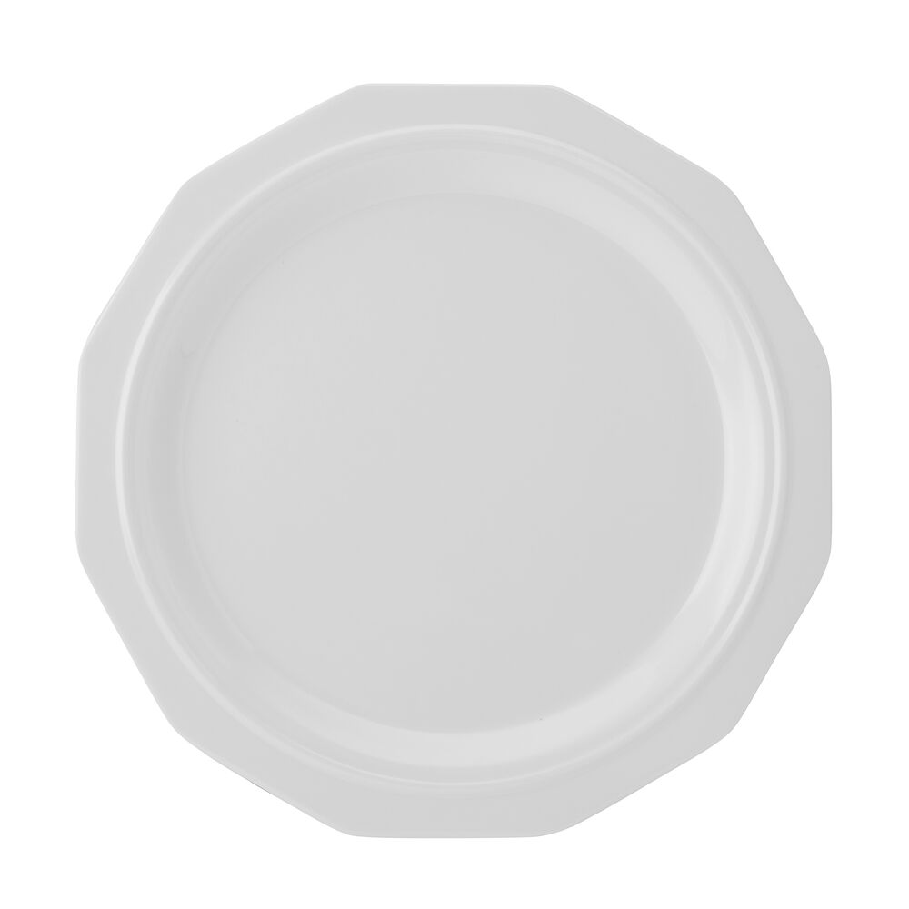 Set of four melamine salad plates placed on a picnic table with fresh salad.