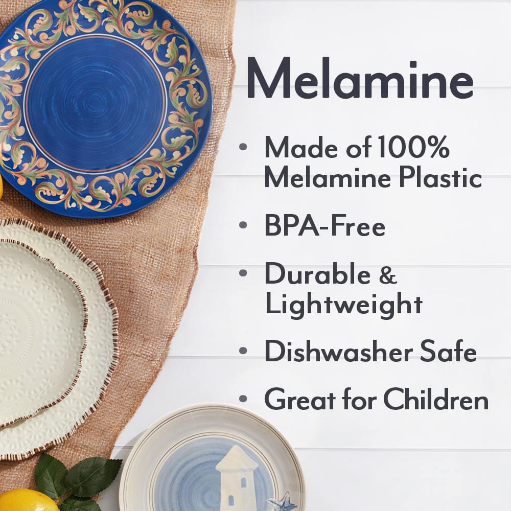 Close-up of the 11-inch dinner plate from the Yorktowne melamine dinnerware set, illustrating its elegant design and sturdy construction.