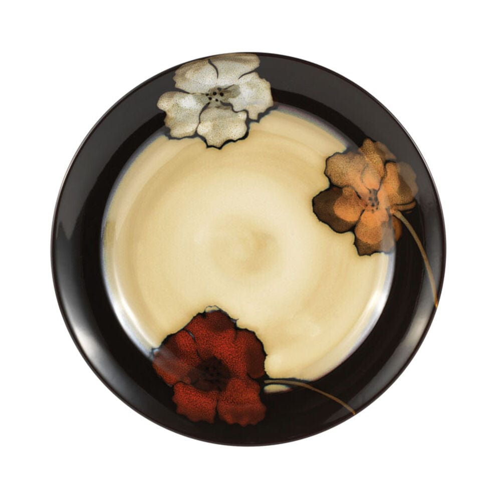 Close-up of serveware set with plates from the Painted Poppies collection, highlighting the vibrant poppy design and glaze texture.