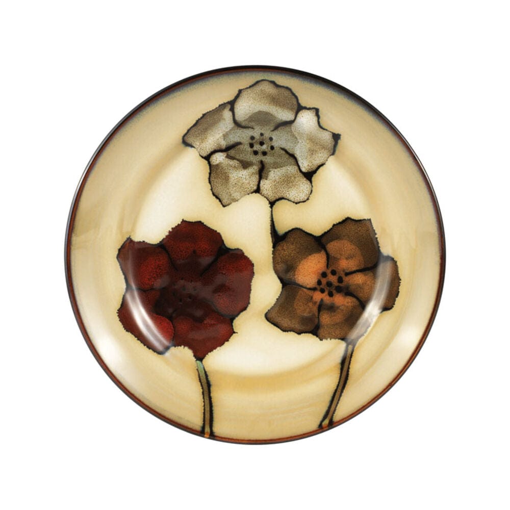 Lifestyle image of the unique reactive glaze dinnerware for home use, styled on a rustic wooden table with fresh flowers.