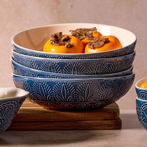 Havana stoneware pasta bowls with reactive glaze on a dining table