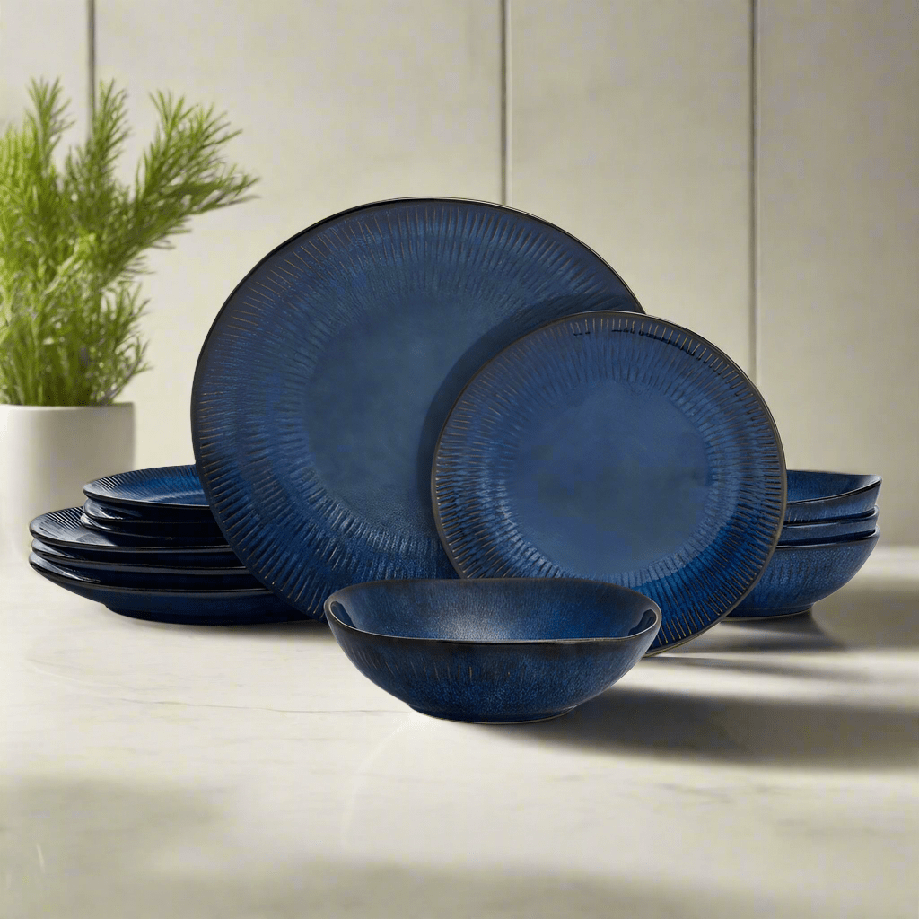 Racheal dinnerware set featuring coupe dinner plates and unique blue reactive finish, ideal for elegant dining.